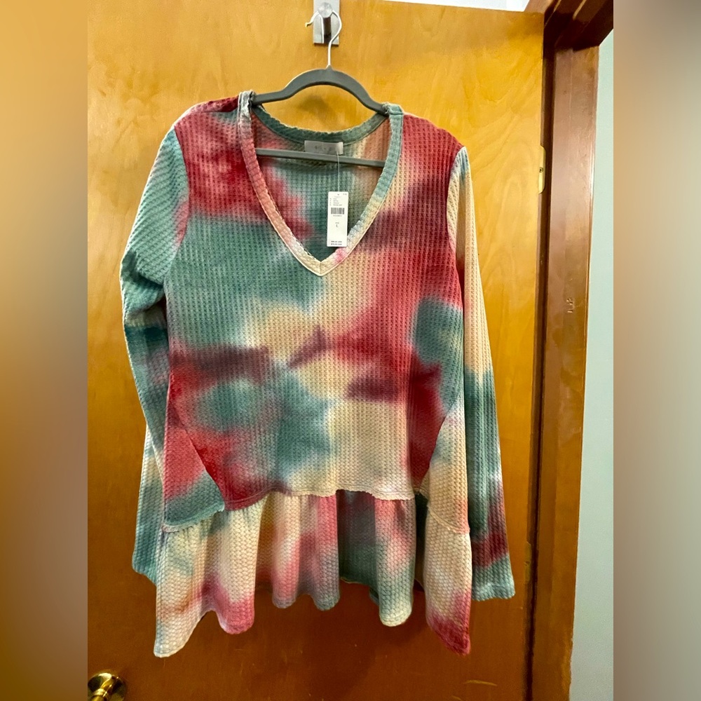 Anthropologie eri & Ali tie dye waffle knit tunic flounce hem NWT Size Large